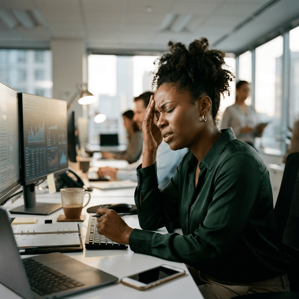 Woman holding her head in stress at office desk with computer screens